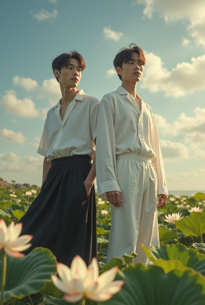 ((masterpiece)), (((extremely realistic))), ((best quality)), RAW photo, (Fashion Editorial shot), ((mixed Black and Lucky Blue Smith)), exotics look, 2 man, small pectorals, slender, toned body, (Gorgeous young face), symmetric body legs and hands, (photorealistic:1.4), (full body short: 1.4), (outdoor magazine shoot), attractive 1 model, oblong face shape, symmetric features, slim and fit physique, ruggedly posing on the grass, surrounded by vibrant wildflowers. , (((T-shirt, open Yukata jacket with embroidery details))), ((oversize lightweight trousers, semi Bulge)), ((Mixed earth tone color)), expertly layered with accessories and styled shoes. The close-buttoned shirt enhances his perfect body. With natural flesh tones, soft lighting, and meticulous details, this masterpiece captures his youthful allure. The photo radiates drama, realism, and high quality, showcasing his dominance and confidence. Shot with a Fujifilm XT3, the image is rendered in high-definition, with photo-realistic precision and captivating lighting. This stunning digital painting, created by acclaimed artists Ross Tran, Greg Rutkowski, and Alphonse Mucha, evokes a sense of hype maximalism and cinematic beauty. The artwork is presented in UHD 8K resolution, emphasizing the intricate details and adding a touch of film grain for a timeless feel. The captivating composition includes a faint mist background, enhancing the vibrant display of wildflowers, --sameseed