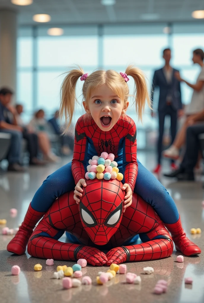 Spider-Man sits behind the and braids a 's hair