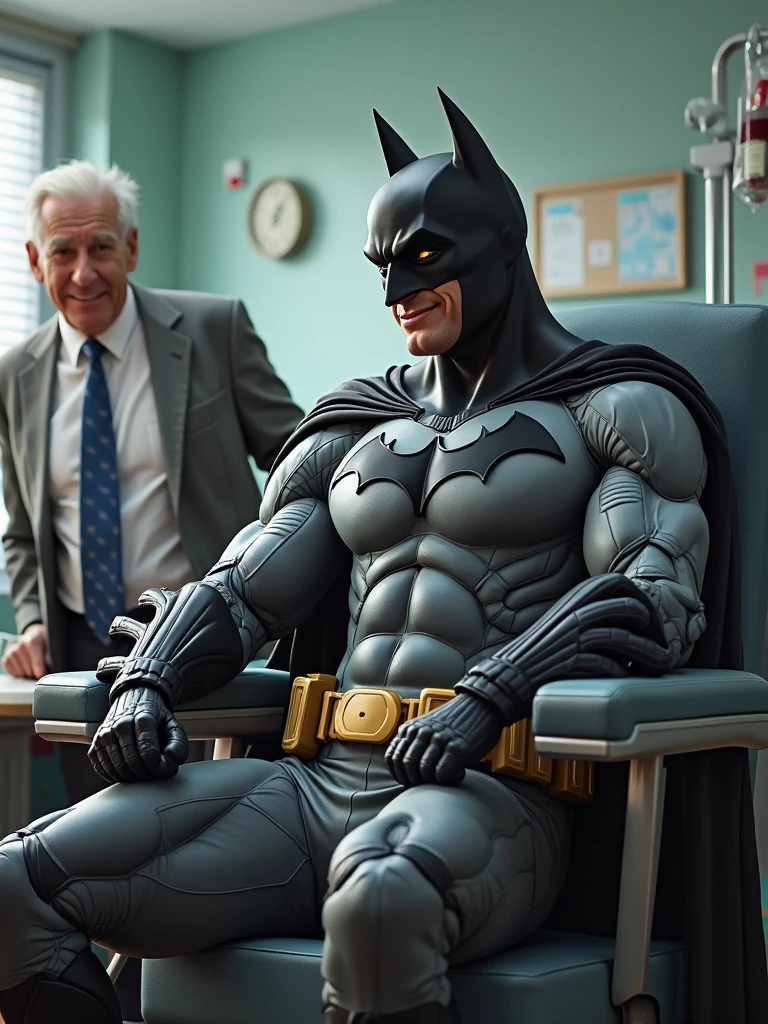 Batman in a wheelchair super old with gray hair and with a torn and neglected Batman costume . Sad and tired face. Psychiatric style room background. American style drawing