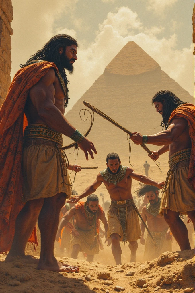 An Egyptian whipping a slave and a young man helping the slave
