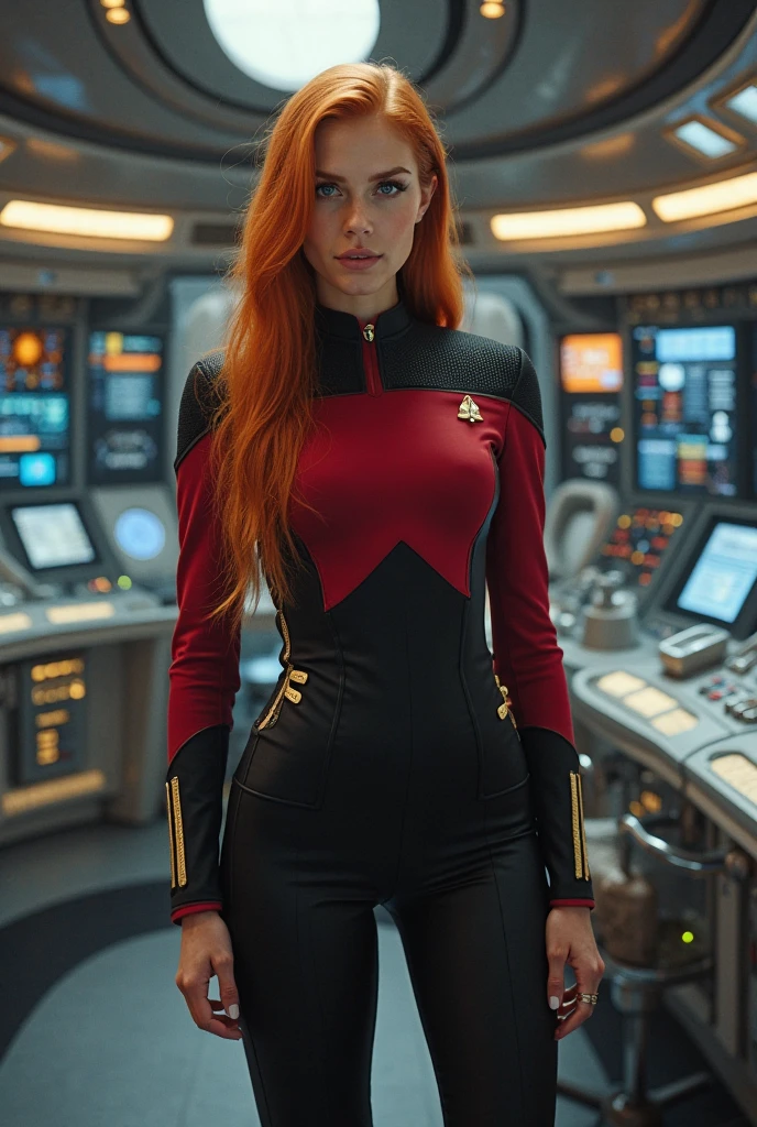 a 20 year old sexy space babe, beautiful Dr Beverly Crusher with long red hair, eyeliner, lipstick, eyeshadow, flirty smile, cute glint in her eye, on the bridge of the enterprise, wearing a tng uniform, refined face detail, blue ambient lighting, perfect proportions, ideal figure, tall space boots, thick legs, thigh gap, (SEXY:1.3),