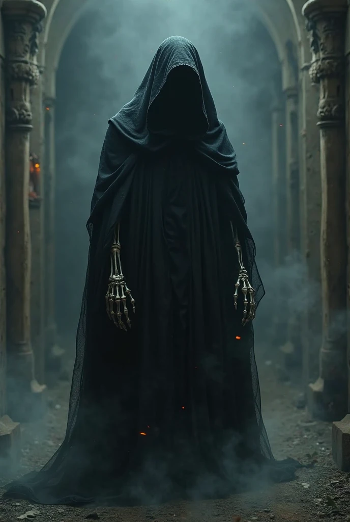 In a ((anime)) artwork, a (girl) stands transformed into a haunting mummy with the traditional wrappings. Dynamic posture. Textured, tattered bandages enshroud its body, lending an aged, desiccated appearance. The (girl's) skin, now pale and lifeless, bears the marks of time, with ashen hues and faint weathering effects. Shadows deepen around its eye sockets, creating an eerie, sunken look. A deep darkness aura surrounds the (girl), evoking an ancient, foreboding atmosphere. The (girl's) presence exudes a sinister charm, a testament to the artistry of (anime) mummification. <lora:Menace_of_the_Mummy:0.8>