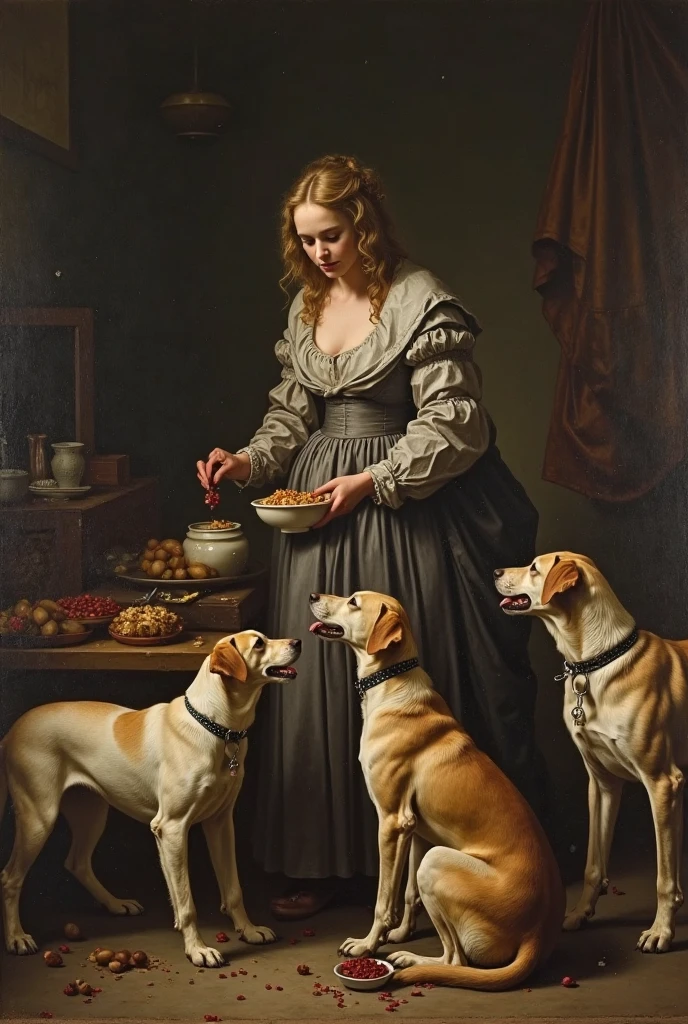 Poor crying  without money and with dirty and torn clothes with a skinny and malnourished dog on one side very hungry oil painting baroque style lights and shadows rembrant style maximum quality 