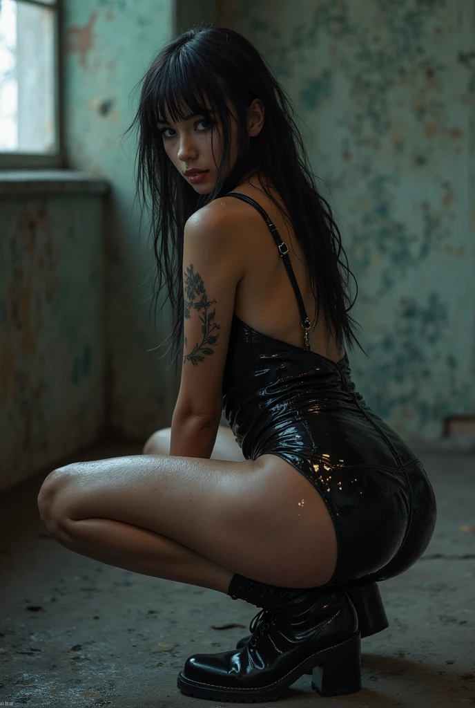 A cute woman (sexy small outfit, tattoos) in a rock music video, pouting, sexy pose near a bedroom, a fan makes a strong wind blowing her hair (show her from head to toe, show all of her)