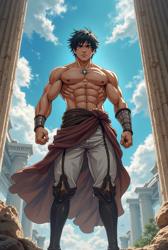 Anime style, Epic battle scene, One Piece, Luffy, defeating, Gilgamesh, high-resolution, action-packed, Luffy with triumphant grin, leaning on his sword, celebratory pose, against the backdrop of a floating island, golden sunset, sparkling ocean, foamy waves, Luffy's iconic straw hat, blown by the wind, Luffy's muscular physique, scar describing his journey, Gilgamesh lying defeated, armor shattered, confused expression, epic triumph, perfect anatomy, detailed portrait, digital masterpiece, 4K wallpaper, stunning visuals, One Piece masterpiece.