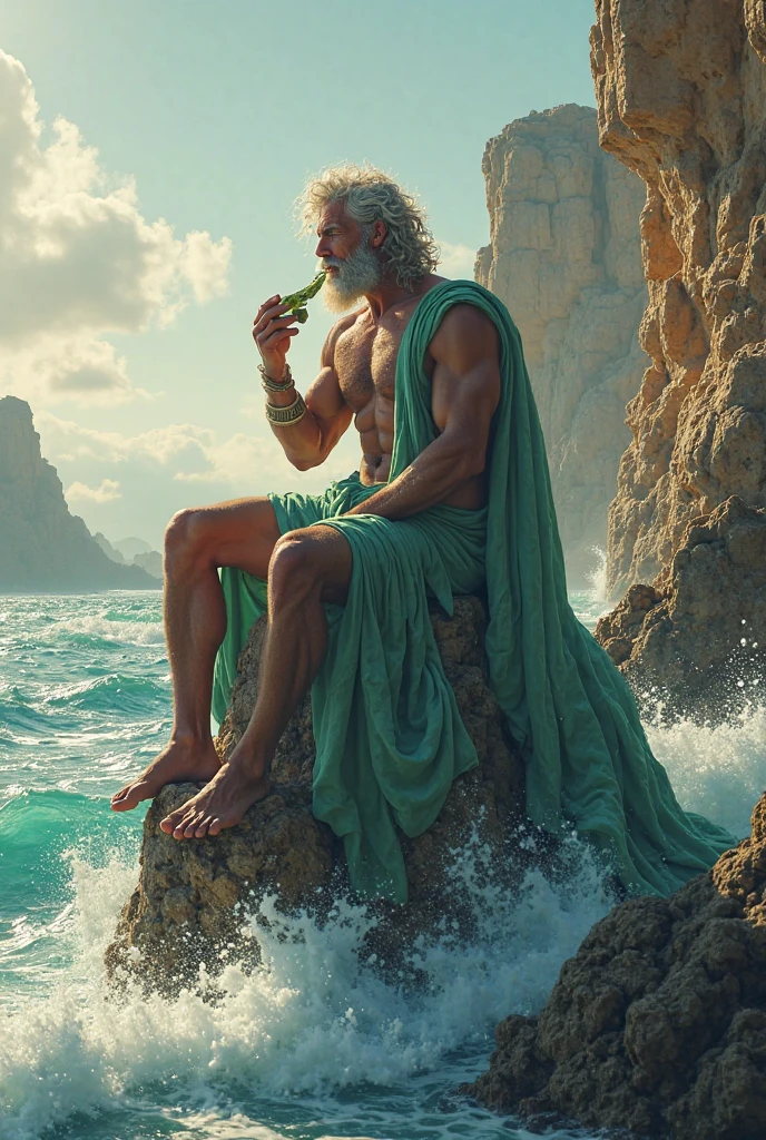 Posedon water holding a glass of liquor, with a pose, facing 45 degrees to the right, holding the glass on the left.