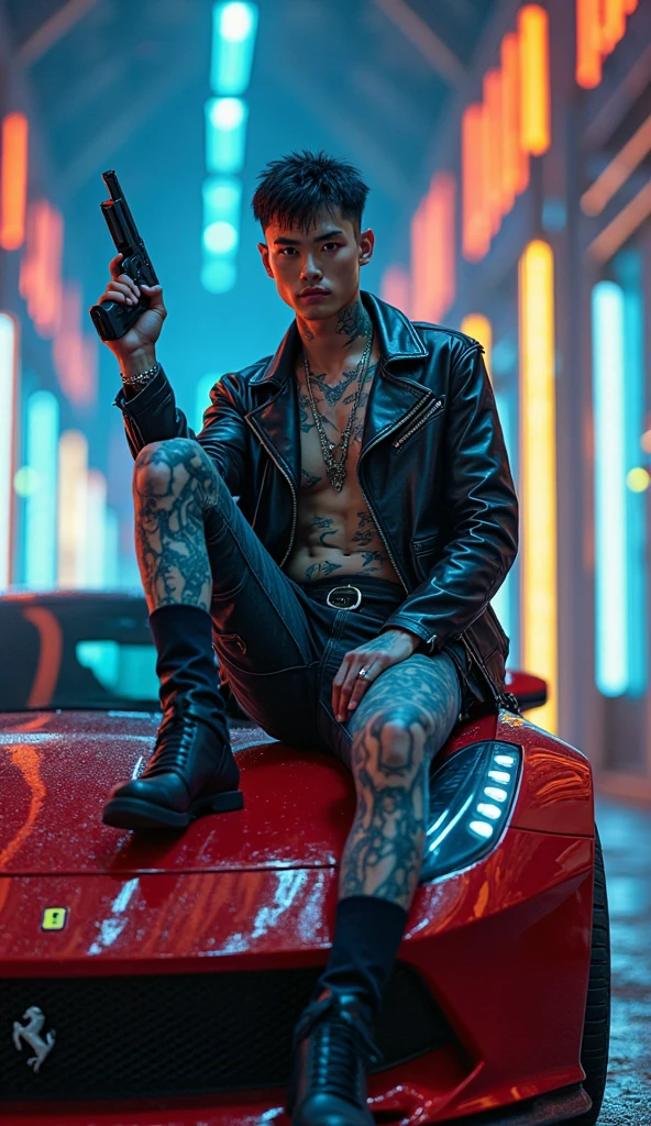 Imagine a young Chinese man, Pink haired boxin, all tattooed yakuza tattoo from the neck down with a gangster style and armed, full body with a sports car behind