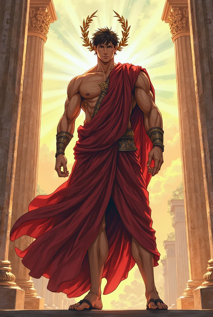 make me an oc from Boku no hero academia Genre: male skin: blonde hair: brown with dark background: In the sanctuary pose: Waving clothes: a red Greek toga
