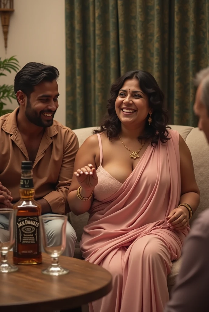 " American actress Kristen Scott gracefully adorned in a stunning transparent Indian saree without bra showing naked breast, accompanied by a dashing African-American man . In super market. Both are posing in camera. Camera focused on them. Full body visible in photo