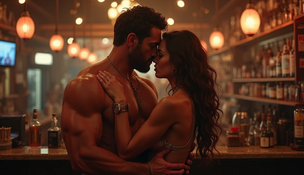 A young Puerto Rican man with a beard, hairy, strong and muscular, in red underwear, Bulge, bulge, having her thighs kissed by a beautiful woman in red panties crouching in front of her, in performance on a stage of a television program presented by a famous presenter with a microphone in his hand.