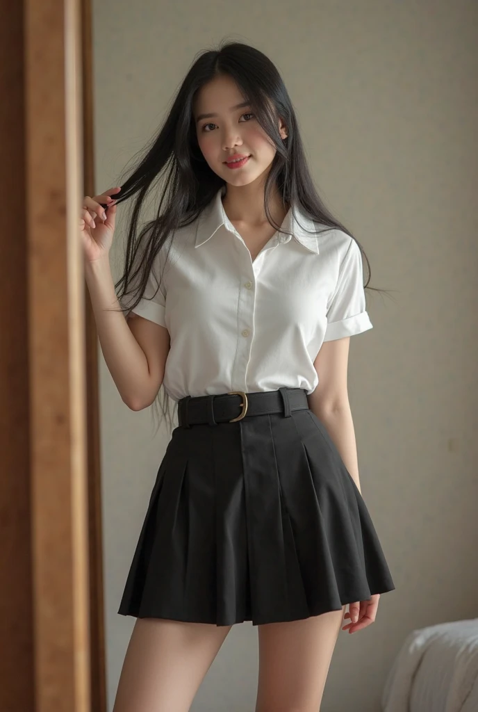 A Japanese high school girl standing in an empty kitchen room、Long black hair、Cute face、mini skirt、barefoot、Smiling、Full body portrait
