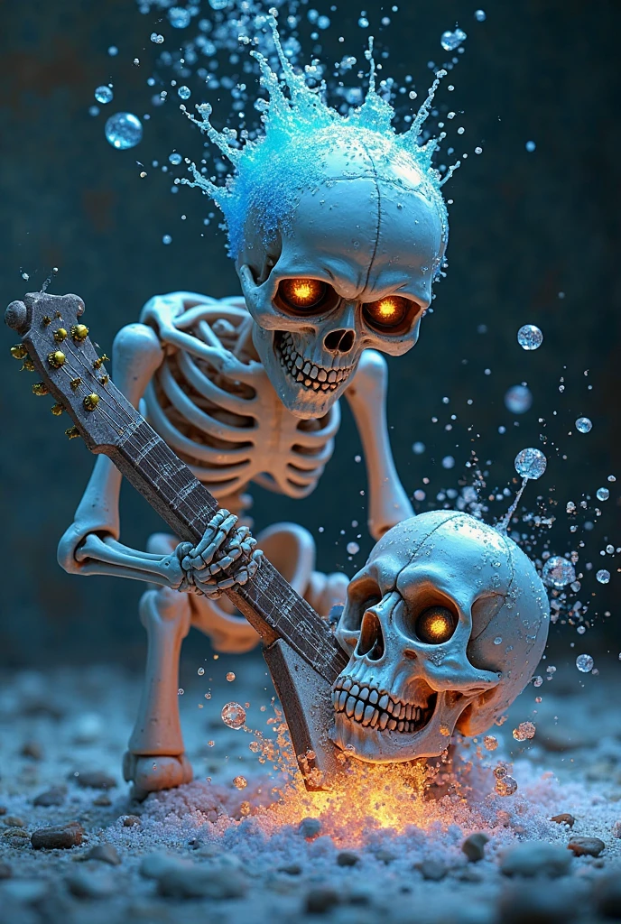 A skeleton with a bone necromancer armor, blue fire inside the skeleton, a fishing hook in the skeleton's hand, sitting playing on a pc with a T1 logo.