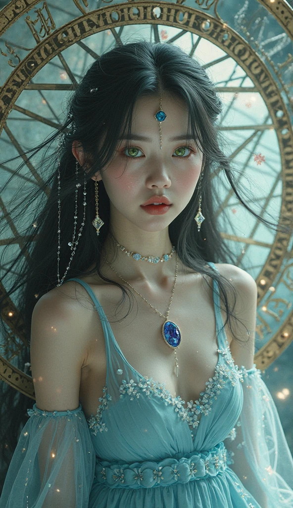 Mystical Book cover with gold embellishments, beautiful girl with black hair and blue eyes, fair skin and wearing an elegant pink dress
