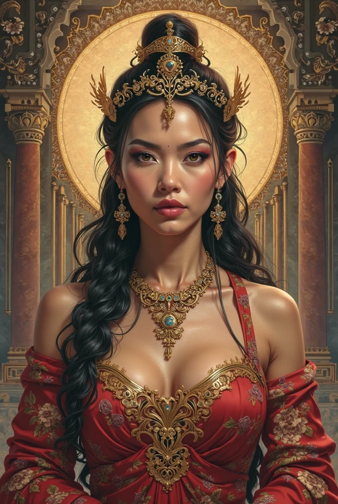 (gold leaf art:1.5), (oil paint art:1.2), (oil painting on canvas), (extremely detailed CG unity 8k wallpaper), full shot body photo of the most beautiful artwork in the world, medieval queen, red vale, zendaya face, zendaya body, golden crown, diamonds, thin pieces of gold leaf glued on places of gold decorations, medieval architecture, professional majestic oil painting by Ed Blinkey, Atey Ghailan, Studio Ghibli, by Jeremy Mann, Greg Manchess, Antonio Moro, trending on ArtStation, trending on CGSociety, Intricate, High Detail, Sharp focus, dramatic, cleavage, short skirt, thigh, sexy