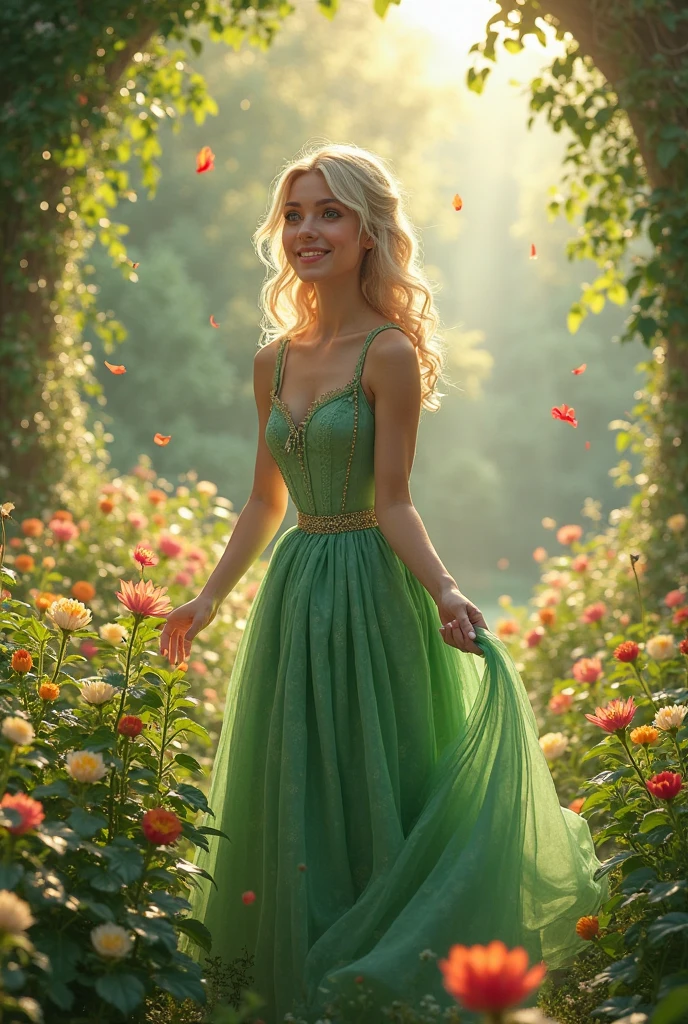 Beautiful teen girl in green colored very designful dress smiling black skirt and cute blonde with lots of gold giving gold coins and girl is the godess of creation, she is with water flowers and she is the creator 