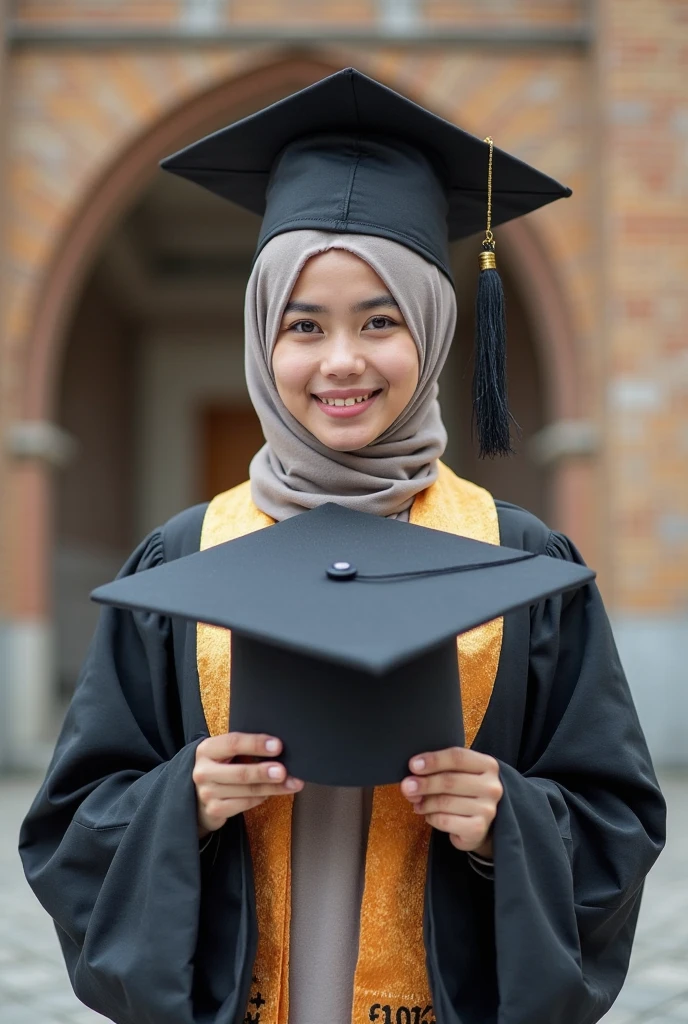 Consept art photography, fan art photography, a women, wearing hijab, pastel brown hijab, wearing black graduation hat, Wearing black graduation gown, wearing pastel blue graduation hood, cute pose, leaf art background, leaf effect, pastel brown lighting effect, blur background, volumetric lighting, bright results, perfect pose, kawaii design theme