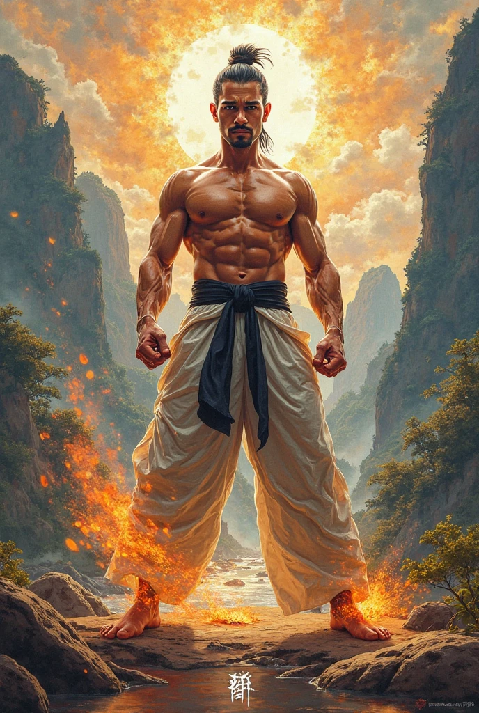 A very handsome man one hand hold katana with white pant and fire in on his sholder stand in fight pose