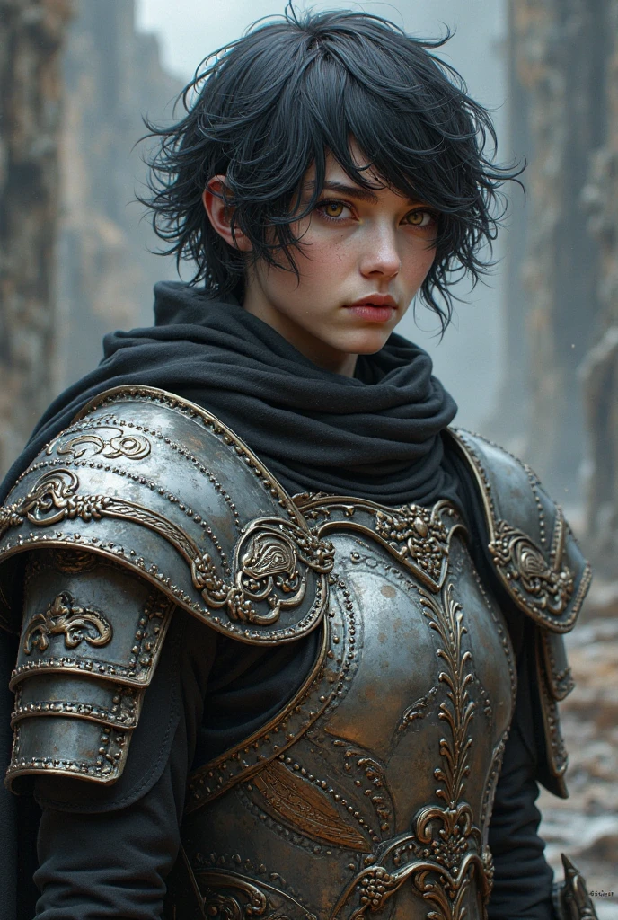 Short cropped hair 50-year-old woman in the 17 century Female battle scared warrior leader of the order of the scarlet rose, guilty conscious expression, determined facial expression. Black hair. Female.