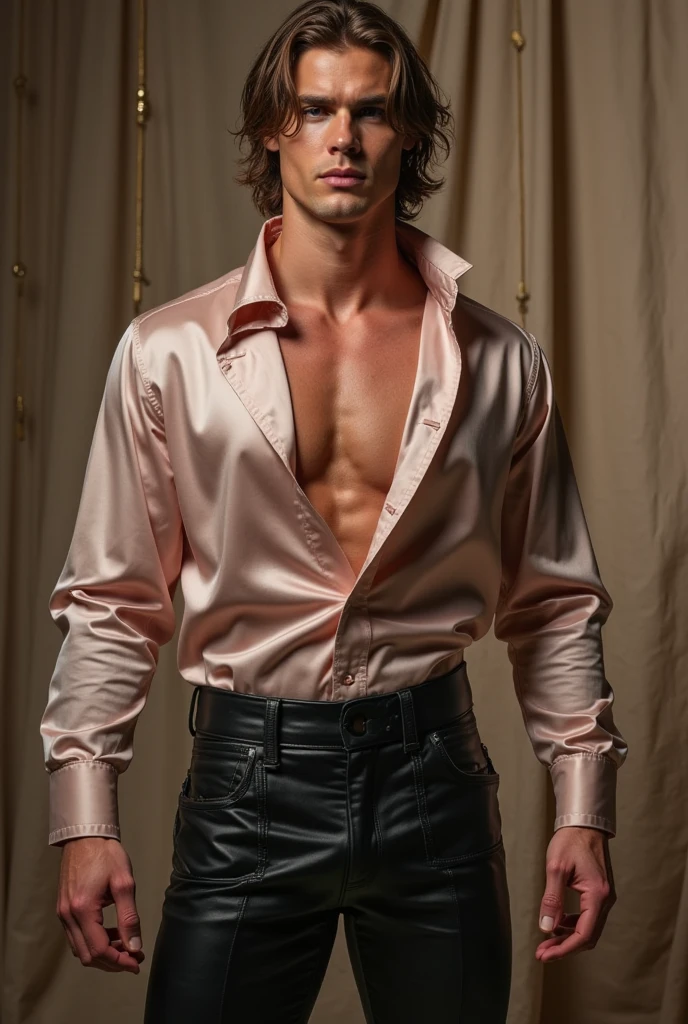 (absurdres, highres, ultra detailed, Ultra HD), ((tall handsome muscular man, solo, male model modern clothing, Full length portrait: 1.5, wearing colourful silk shirt and pants)), beautiful, gorgeous, wet, mature, perfect eyes, sexy gaze, (looking at the viewers romantically), perfect body, smooth skin, a hot glow in his skin, wide chest, largest breasts, extremely large pectorals, big nipples, breathtaking grandeur, model pose, colorful, artistic, focus on his calm facial features, elegant look, sexy posture, full body view,