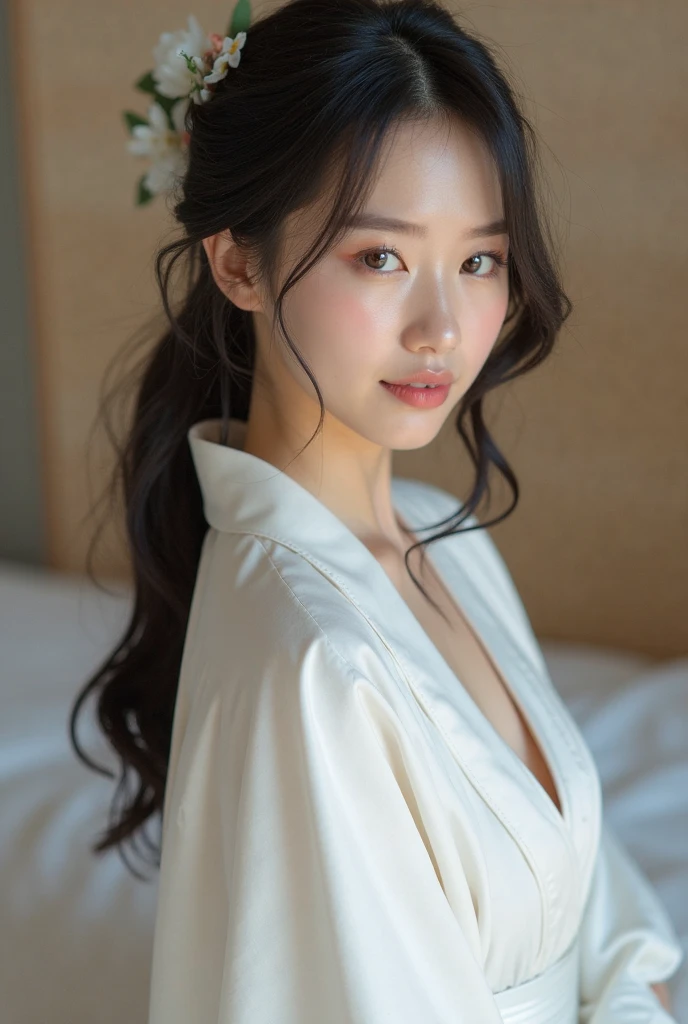 ((Highest quality, 8K, masterpiece:1.3)), Ultra-high resolution, (Realistic:1.4), RAW Photos, Skinny Japanese woman, 30th Generation, Cute face, (Detailed face), (Fine grain), Very small waist, (Highly detailed skin texture), Black straight hair, Various poses, Shot in the back, actress, White blouse
