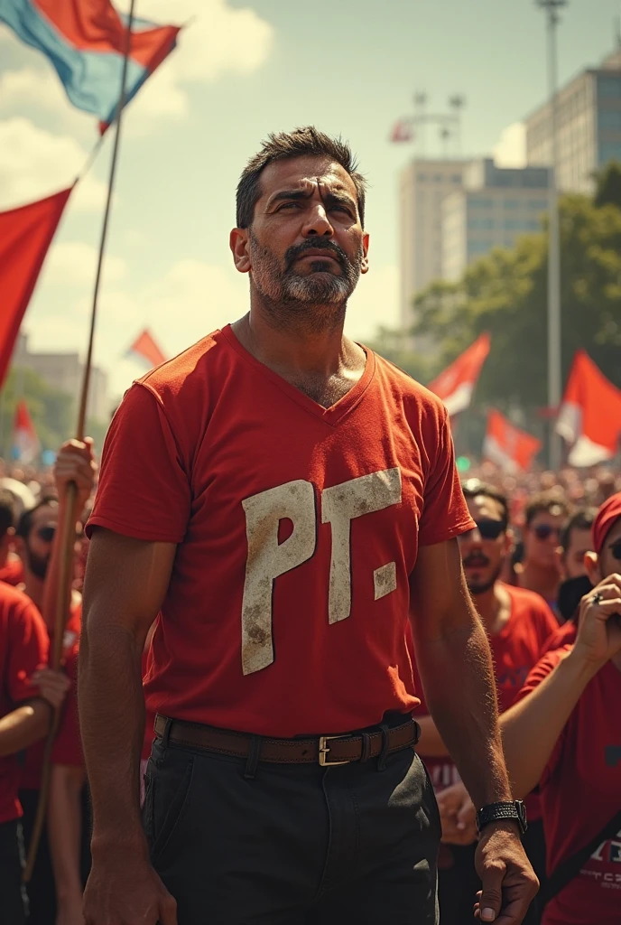Guilherme Boulos and people demonstrating with the MST movement