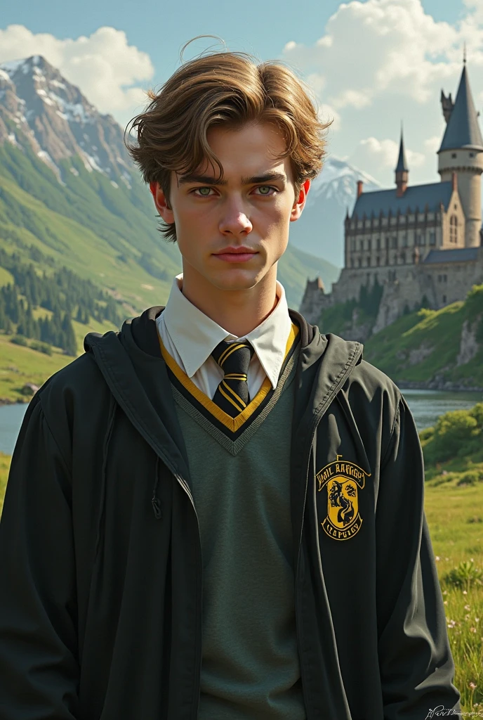 A boy, blonde with brown highlights, green eyes with a little brown, uniforme de Slytherin 