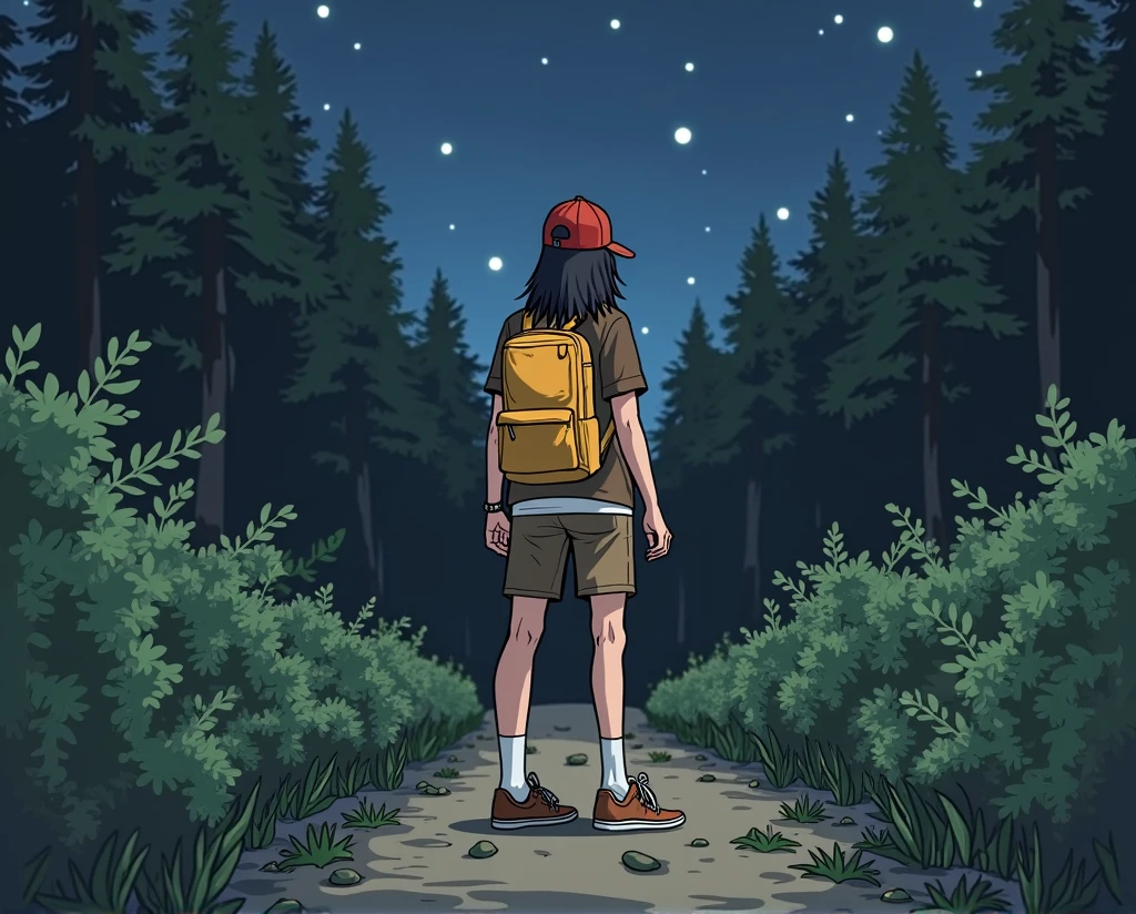 (masterpiece:1.2, best quality), (highly detailed:1.3), 1girl, 17yo girl, (white panties), (red hoodie), backpack, walking, from behind, dark forest, dark, night, ghibli style