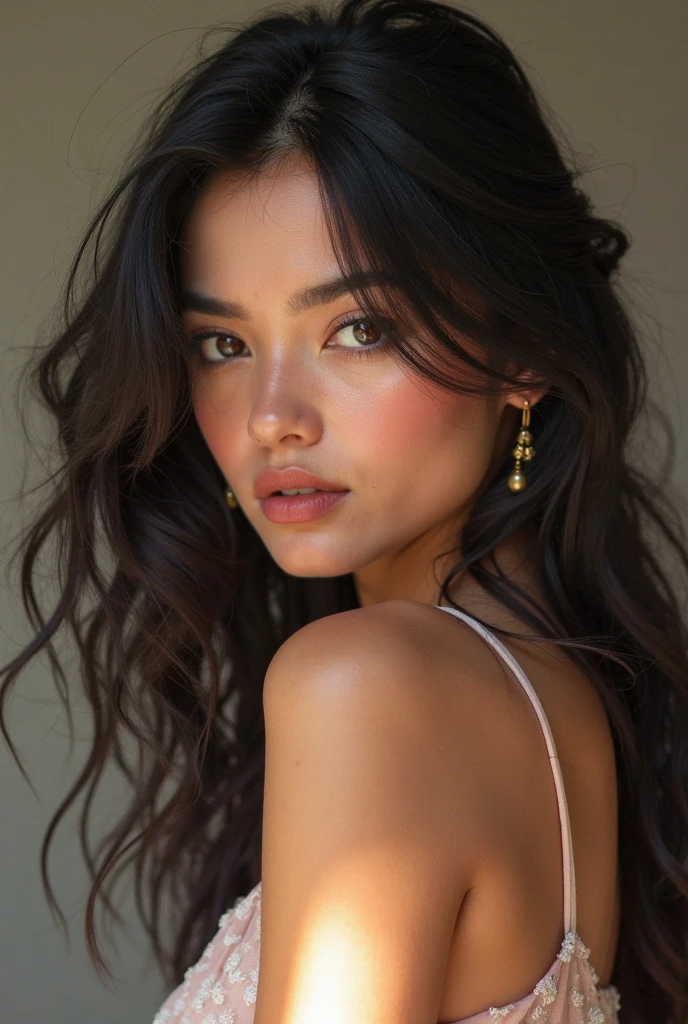 raw photo of beautiful female, looking at camera, centered portrait upper body, Miss India, slim perfect face, natural look, playmate, straight hair, wet hair tied in a bun, supermodel, wet skin, moist skin, blushing cheek, very very small bust, closing eyes, feeling ecstasy, nude skin, in photo studio