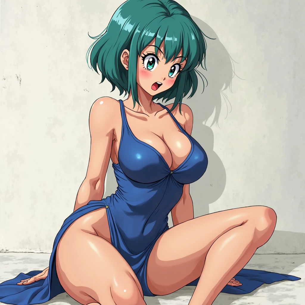 Photo of Bulma from Dragon Ball Z in blue lingerie and a very sensual position