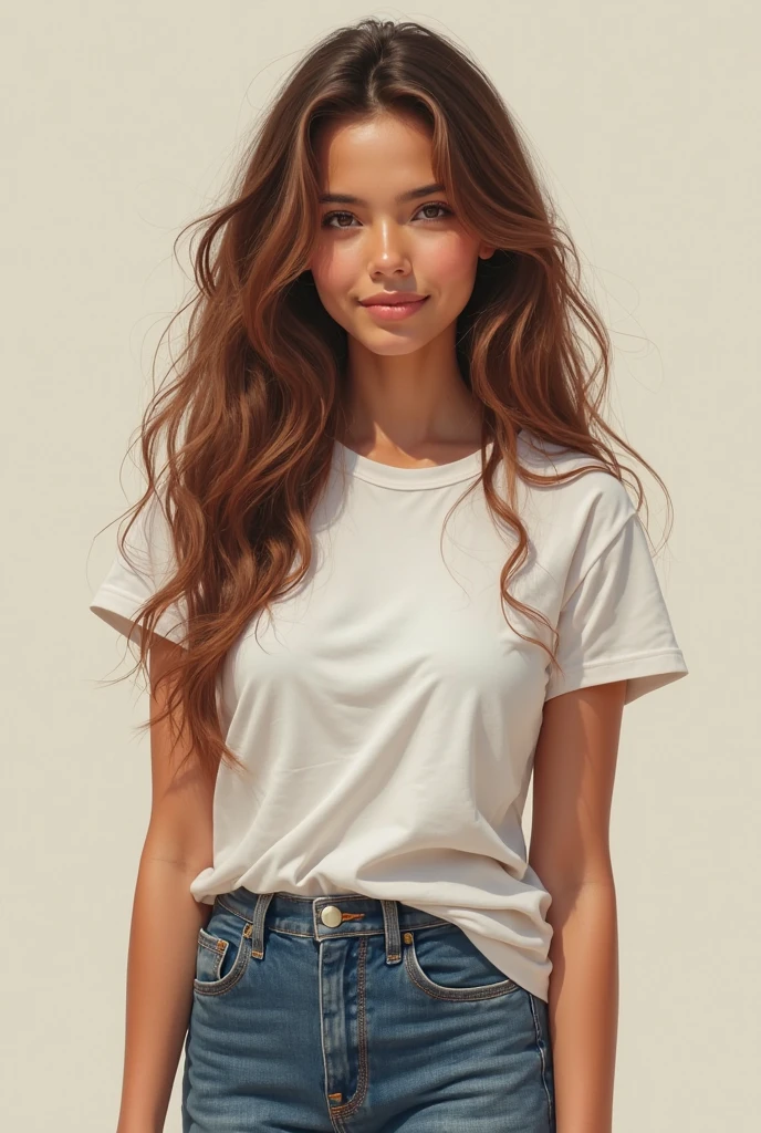 <lora:Clara_Duran:1> brown hair, ponytail, straight hair, brown eyes, tanned skin, solo, upper body, looking at viewer, white top, t-shirt, denim jeans, blue background, simple background, <lora:LORA-XenoDetailer-v2:1>