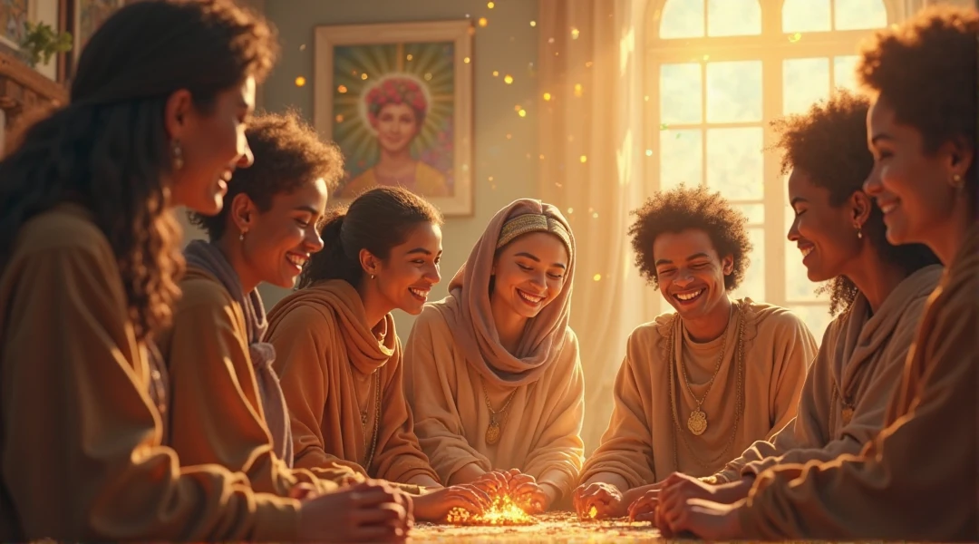 ((3 man sitting), (3 hijabbed woman)), caricaturized, fantasy art, happy expression, extreme detail, masterpiece, cinematic lighting, 4k, indoor background