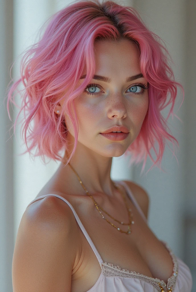 ((8k ultra hd quality)), Girl, White skin, ask frio, Waardenburg blue eyes, soft makeup, pink lips, jade green fur cut, Mohawk Inspired One Side Buzz Cut, perfect face, perfect easy traits, perfect body, body with golden ratio, Large and voluminous breasts, round tits, thick and firm thighs, Bright red silk dress with deep neck and side slit, posing at a gala event, captures full body,