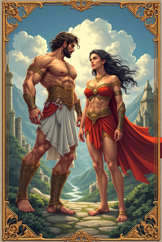 Megara and Hercules, standing side by side on the battlements of Mount Olympus, overlooking the mortal world, the scene conveying a sense of partnership and shared destiny, Artwork, detailed pencil sketch on textured paper, capturing the subtleties of their relationship