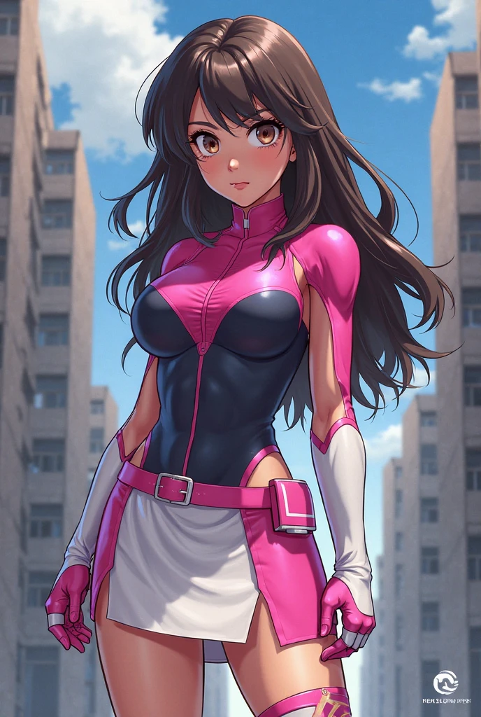 (masterpiece, best quality), realistic, 1 girl, Fair-skinned, (voluptuous:0.6), dark brown hair, brown eyes, from front, Power Ranger, pink clothes, full body tights, in Stocks Pose, Cuffs on Ankles and Wrists, Basement, open mouth,