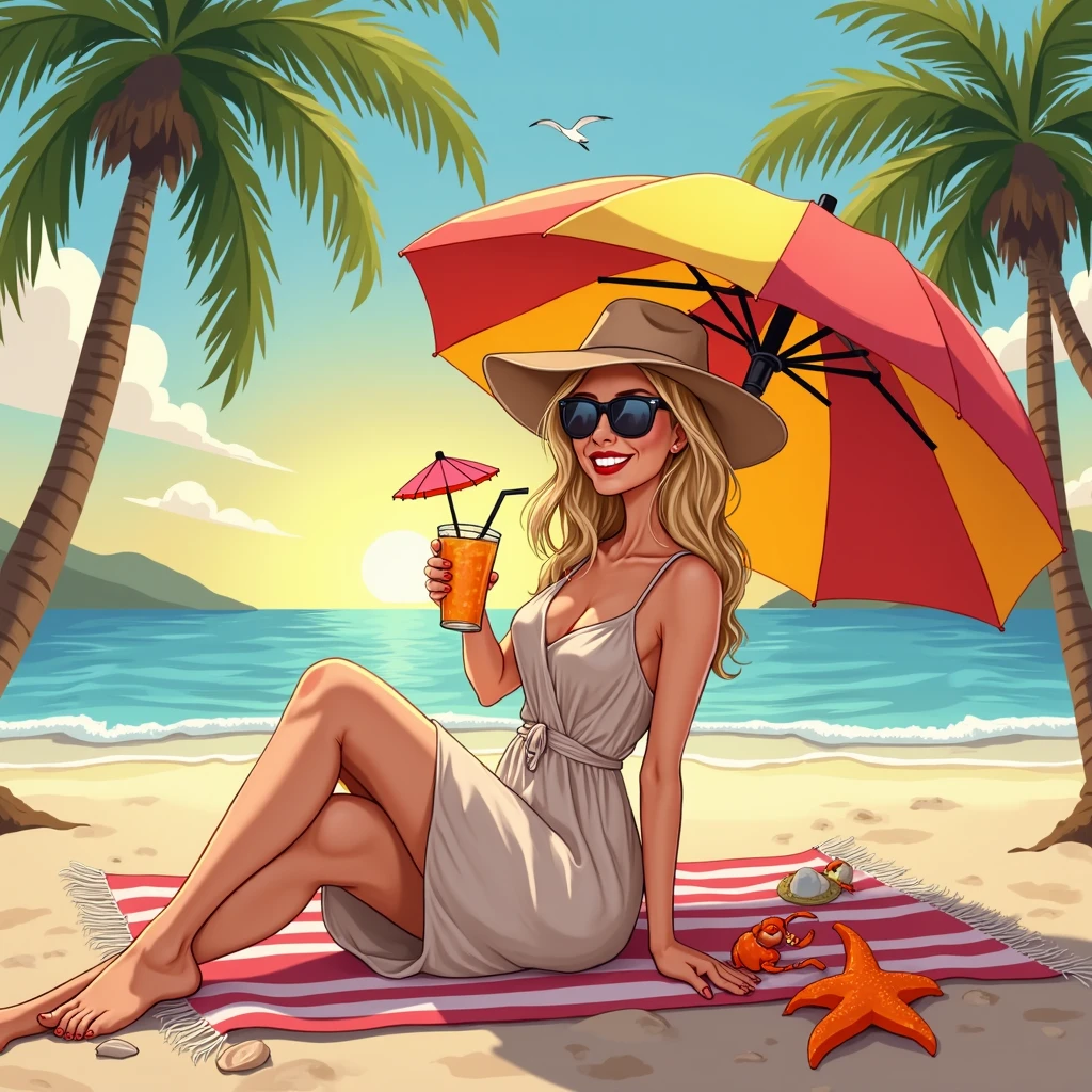 The image is of Jenny at a trendy beachfront resort, lounging on a luxurious sunbed with a tropical cocktail in hand.,original,Jenny is a woman with tanned skin, lots of makeup, long straight blonde hair, large breasts and butt