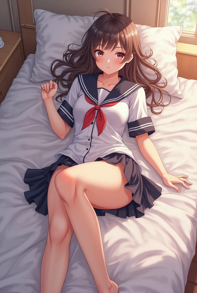 top-quality　​masterpiece　8K Masterpiece　One woman in school uniform　kawaii pose　Beautiful hands and feet with radiant beautiful skin　Bet　glowing thigh　profetional lighting　Cute school uniform miniskirt flutters　Vibrant photo　red blush　Shyness　perspiring　agitation　Happy expression　Sullen expression