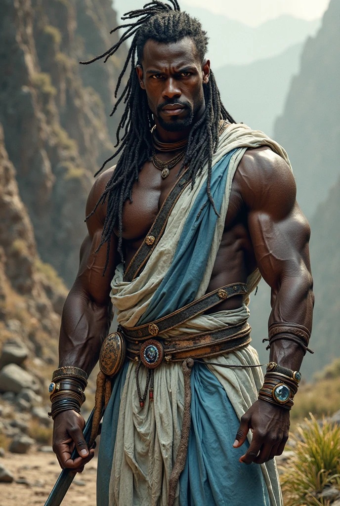 A muscular male tall barbarian. Very dark skin. Bright green eyes. Sides shaved. Long black dreadlocks. Shaved. Thin eyebrowes. Long nose. Curved lips. Barbarian clothing. Soft face. Attractive. Cool. Strong. In a ancient gladiator arena.