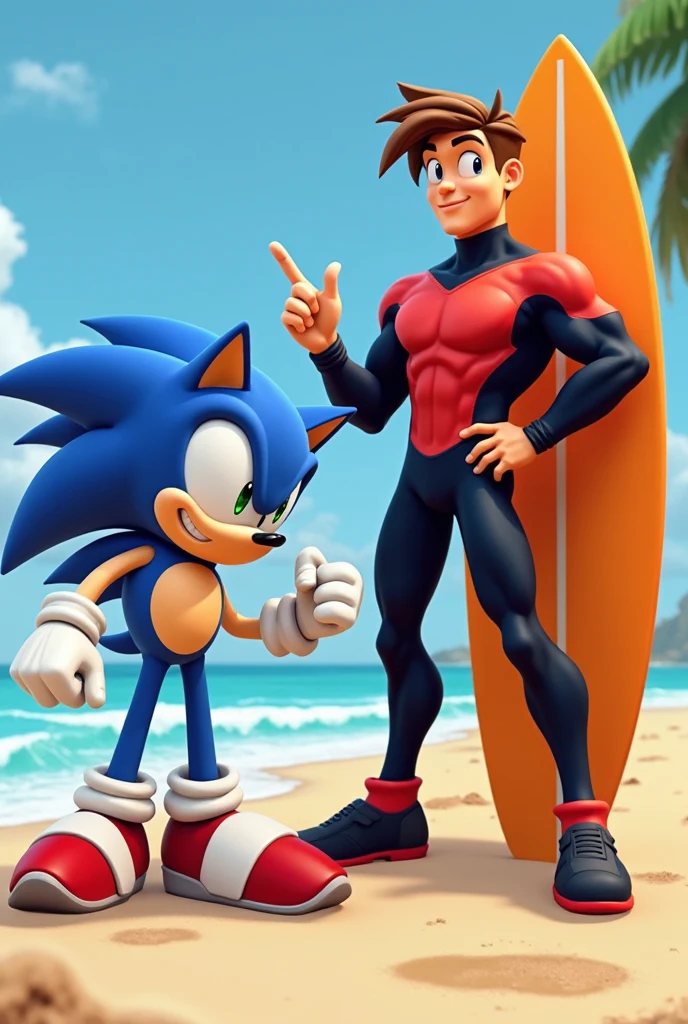 Sonic the hedgehog from Sonic Boom stands on the beach with Knuckles the echidna staring blankly and looking confused as he lifts a large crude dumbbell formed from a thick stick and two cement blocks while he turns into a muscular dumb echidna just like Knuckles, and his voice grows deeper. Knuckles smiles and watches, excited to get a new lifting partner as knuckles comes around to his way of thinking. Big biceps. Big triceps. Big traps. Broad shoulders. Wide chest. 3D art. Sonic Boom. Dumber and dumber. Big dumb echidna. Beach gym. "I'm serious, Knuckles. Something weird is going on. Tails was looking at me like I'd grown a second head when I said there was something wrong with my speed. And Amy just blew up at me when I showed her that artifact thing we recovered from the ruins and ... and ... why am I lifting a dumbbell? What were we ... we, uh ... talking about again...?"