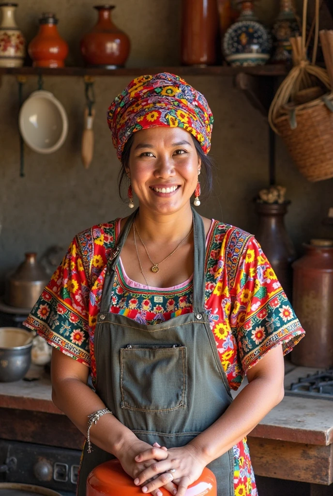 I need you to generate a very realistic image of a lady around 40 to 50 years old of Nicaraguan nationality who is dedicated to preparing traditional Nicaraguan sweets and who is making, for example, coconut cajeta., milk cajeta among other sweets from Nicaragua and that has assistants