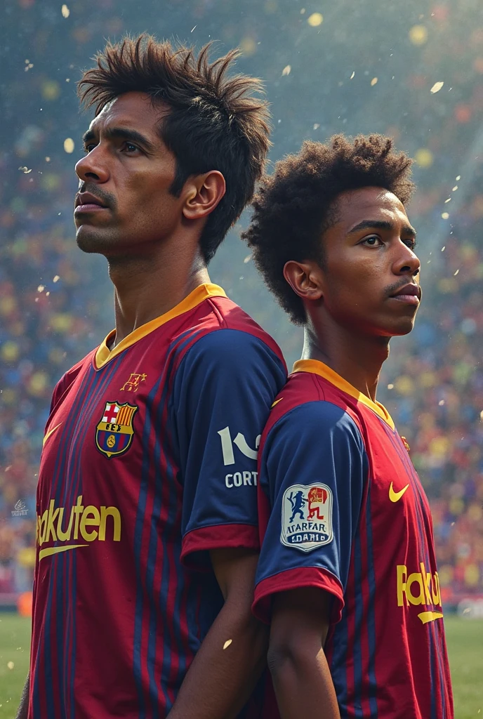 (best quality:1.1),original, 1man, A handsome man with Lightskin skin, African American man with natural 4c hair, short hair, taper Fade, ebony nose, broad shoulders, tall, masculine, dressed in Football Barcelona Jersey and demin jeans, cartoon,anime illustrations, style is abstract beauty, Sundaratang, charming character illustrations, folklore --ar 2:3 --v 6.0