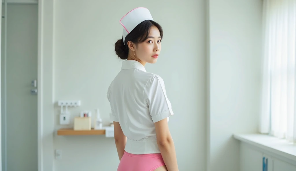 (muste piece:1.2),(8K high quality), (highest quality), (RAW image quality), (Reality), (It&#39;s photorealistic:1.37), large eyes,long eyelashes,It&#39;s exquisite（Live-action realistic style）,ultimate face,Photorealistic light and shadow,clear facial features,milky white skin, high detail skin,realistic skin details,visible pores,（super detail）,(short hair),best portrait,((Photographed from a distance)), Only one girl, cute type,beautiful detailed eyes, beautiful detailed nose, highly detailed skin) ,(Beautiful face with double eyelids), (Realism: 1.4),excellent detail, super high resolution,,,delicate and beautiful face,,25 years old,(beautiful face 1.4),slender,,( light blue panties exposed),((Photographed inside a hospital operating room)),(Show the light blue garter belt), ((Wearing nurse clothes,)),(Light blue panties exposed),(Make eye contact with your audience),wearing a nurse cap,(The inside of the hospital is white.),,very beautiful feet,(standing)),,(light blue lace panties),(Garter belt is light blue),Posing like a model,back view,turn to the viewer