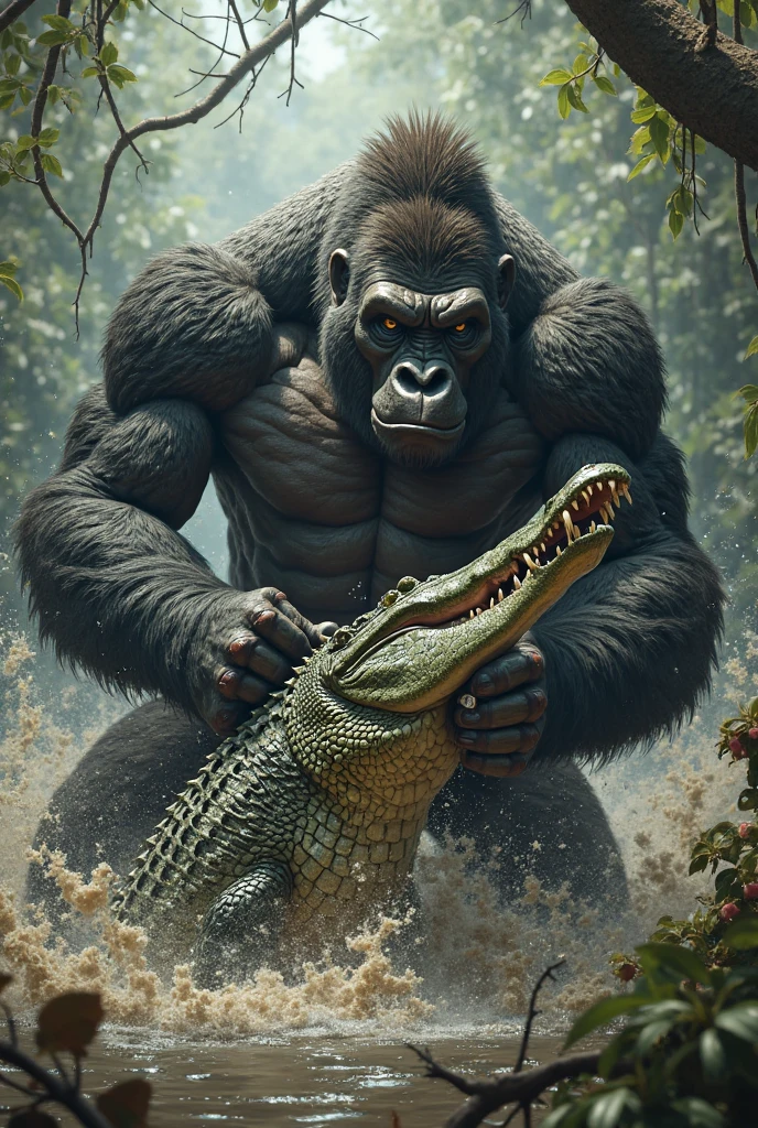 A fat black man is fighting with a fat crocodile in a rainforest.