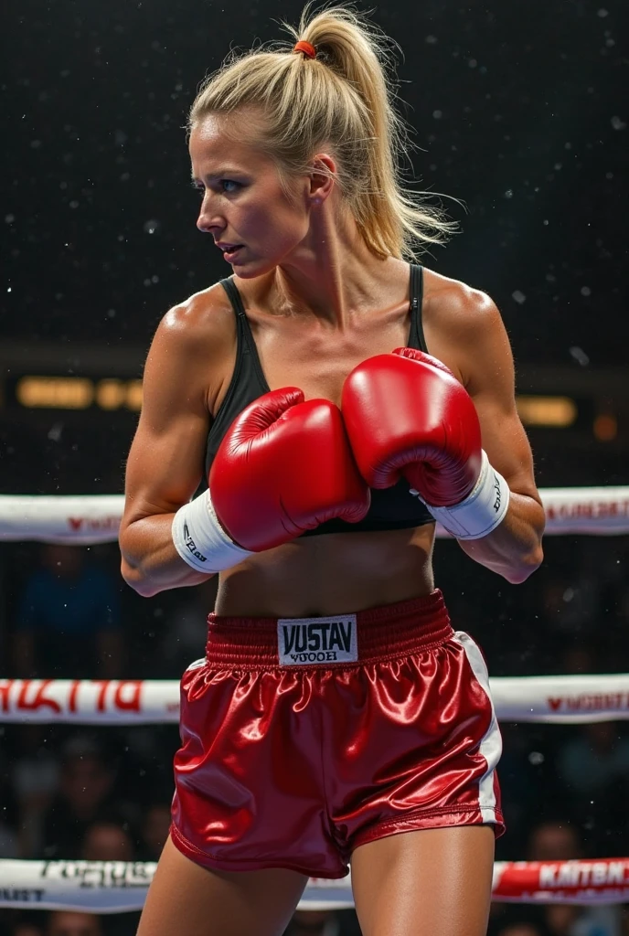 Masterpiece, 60 year old woman, Jane Fonda, in a white tank top and red short shorts, long white socks, side view, in a boxing ring, wet skin, realistic