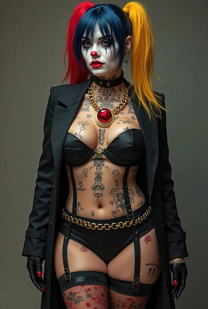 masterpiece, best quality, ((Margot Robbie's Harley Quinn)), a woman long hair, fringe leather corset, black lipstick, tattoos, body full of tattoos shadowy castle background