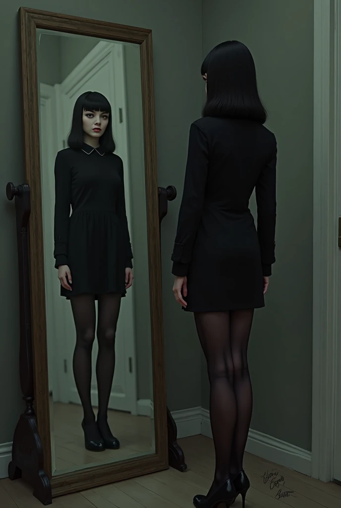 A young girl wearing a black high-cut leotard standing in front of a mirror, Wearing a white collared blouse、inspired by Gottfried Helnwein, Erwin Olaf, spookyネットフリックスはまだ撃たれています, Look in the mirror, Horror movie stills, spooky , Horror Photos, Scared :7, spiritual eerie spooky picture, Psychological horror movies still, Inspired by Diane Arbus、A girl wearing a black high-cut swimsuit、Dead