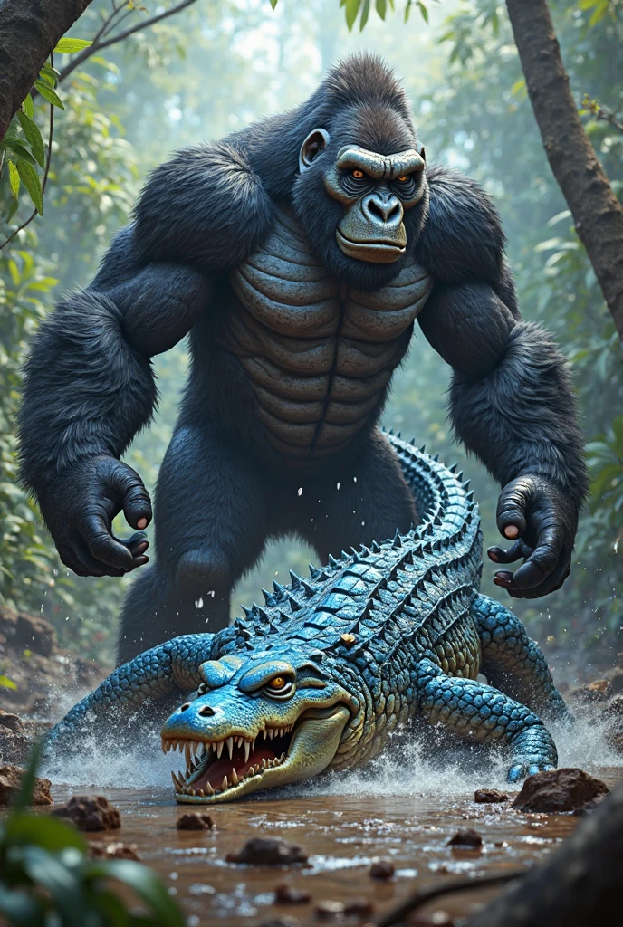 Photo of a big gorilla and an iguana inside the sea