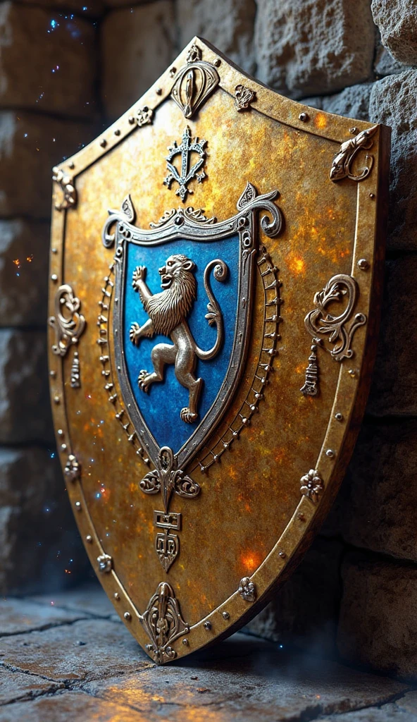 A magical knight’s shield shaped like a traditional heater shield, crafted of burnished gold alloy. The surface is polished to a near-mirror shine, reflecting the ambient light with a soft blue aura. At the center, a proud silver lion emblem is embossed in high relief, surrounded by concentric arcane runes glowing faintly with magical energy. The edges are reinforced with bronze filigree. Subtle magic motes float around the shield. Style is fantasy semi-realism, reminiscent of D&D 5e equipment design, highly detailed textures, luminous glow, engraved symbols. The shield rests in front of a stone wall in a hero’s armory, warm golden light contrasting with cool magical blues. Rendered with cinematic lighting, clean outlines, heroic tone.