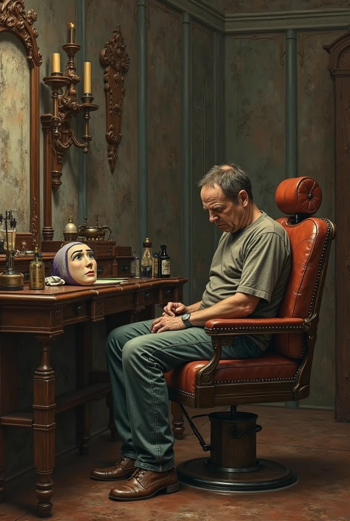 Centered medium film shot, of JRR01, bald 40yr old man made of clay, and tech engineer with pocket protector, staring at a strange machine on desk <lora:JRR01_XL:0.8> <lora:Clay Animation:1> Clay Animation page
