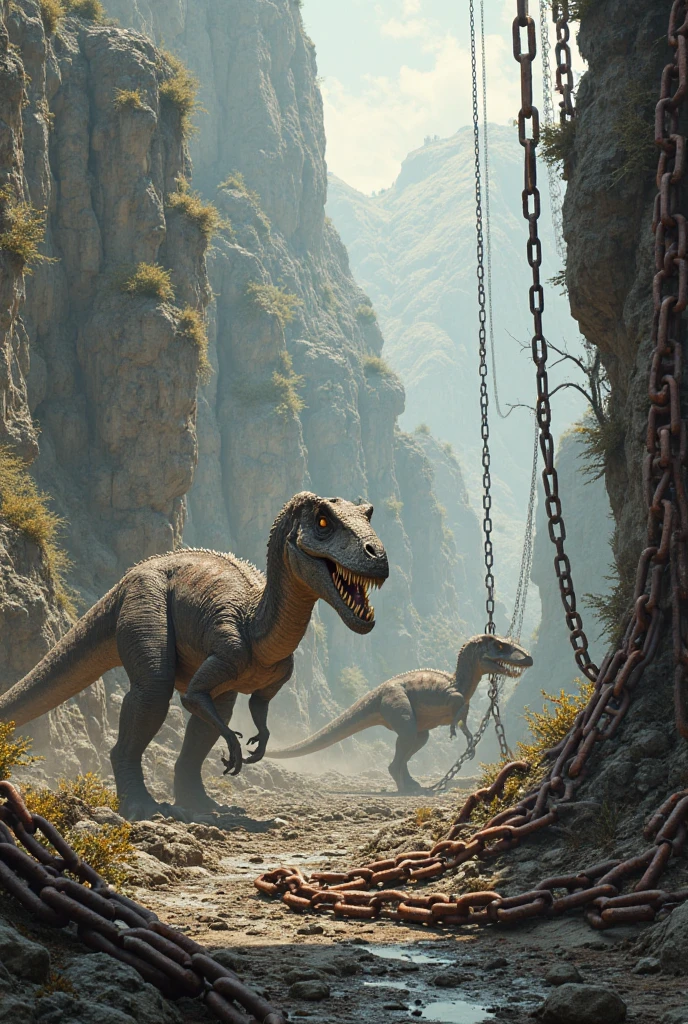 A cave woman has her pet pink velociraptor on a leash and is taking it for a walk in the park. Many other cave people are there with their dino pets (various colors and types)
