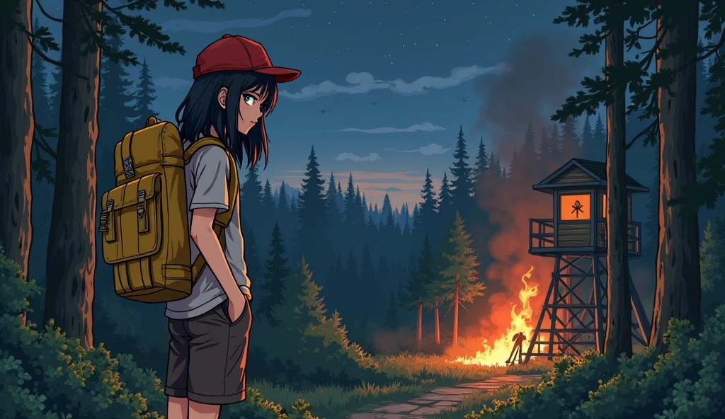 (masterpiece:1.2, best quality), (highly detailed:1.3), 1girl, 17yo girl, (white panties), (red hoodie), backpack, walking in the forest, from behind, dark forest, dark, night, dark theme, a small hut with glowing windows